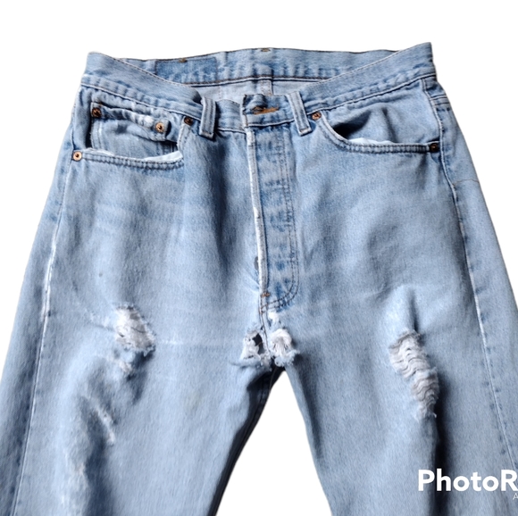 Thrashed Levis high waisted 501 Men's Distressed button fly denim blue jeans 32 - Picture 3 of 15